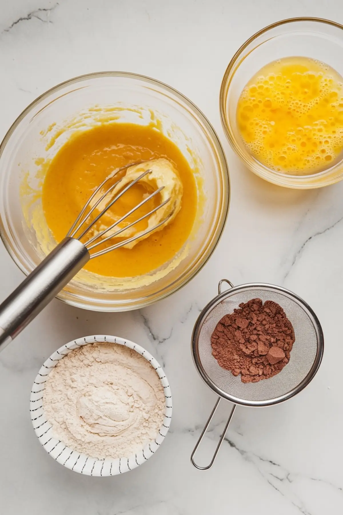 Glass mixing bowls with whisked eggs, flour, and sifted cocoa powder on a marble surface, showing early steps in preparing a chocolate sponge for a Buche De Noel.