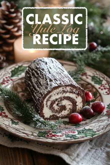 A classic Yule log cake on a decorative Christmas plate, featuring a rich chocolate spiral filled with cream, accompanied by festive berries and greenery.