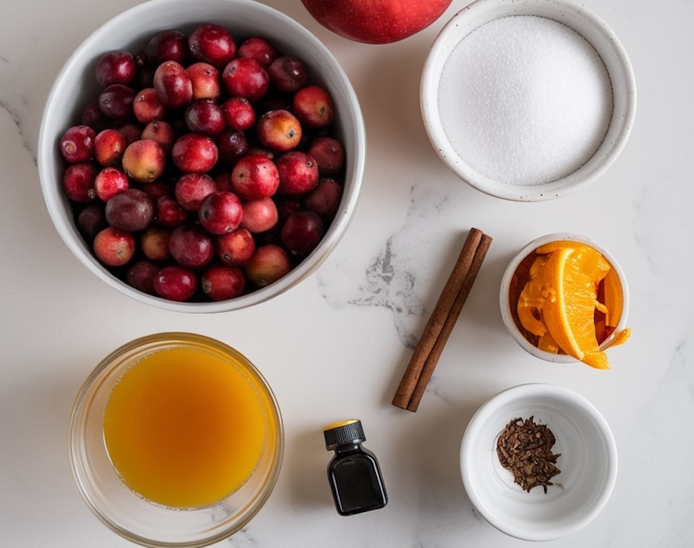 Ingredients for homemade cranberry jam, neatly arranged on a white countertop. Fresh cranberries, sugar, cinnamon sticks, orange slices, apple juice, cloves, and vanilla extract come together to create a flavorful and festive jam perfect for holiday gifting.