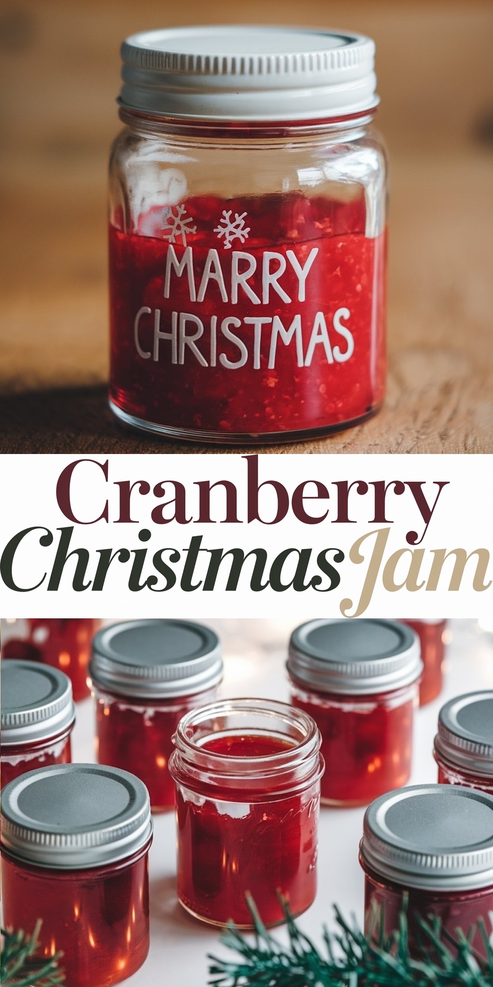 A collection of mason jars filled with bright red cranberry jam, ready for gifting. One jar is labeled "Merry Christmas" with snowflake details, capturing the essence of homemade holiday treats, while the others are arranged in the background, perfect for festive gift-giving.