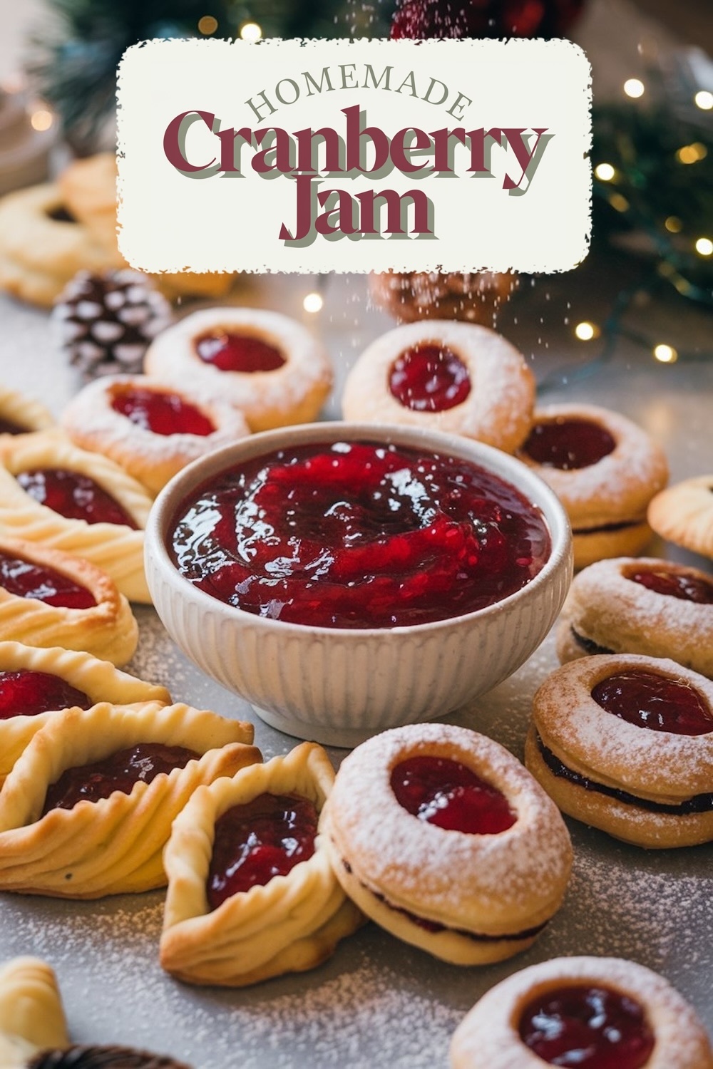 A holiday-themed spread showcasing a bowl of vibrant homemade cranberry jam surrounded by assorted cookies filled with the same jam. The jam's deep red color pops against the golden pastries dusted with powdered sugar, creating a festive and cozy atmosphere.