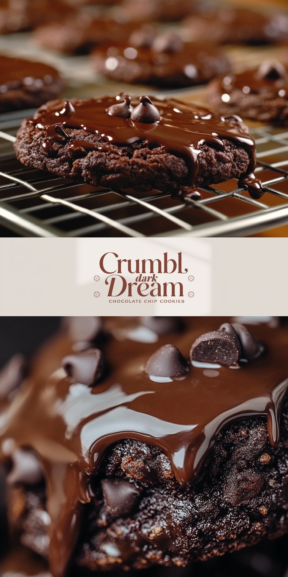 A close-up shot of Crumbl Dark Dream Chocolate Chip Cookies cooling on a wire rack, with molten chocolate dripping off the top. The rich, gooey texture and melty chocolate chips create an indulgent visual experience, inviting you to dive into this decadent treat. These cookies are the perfect balance of crisp edges and soft, fudgy centers, offering chocolate lovers a dreamy bite with every crumb.