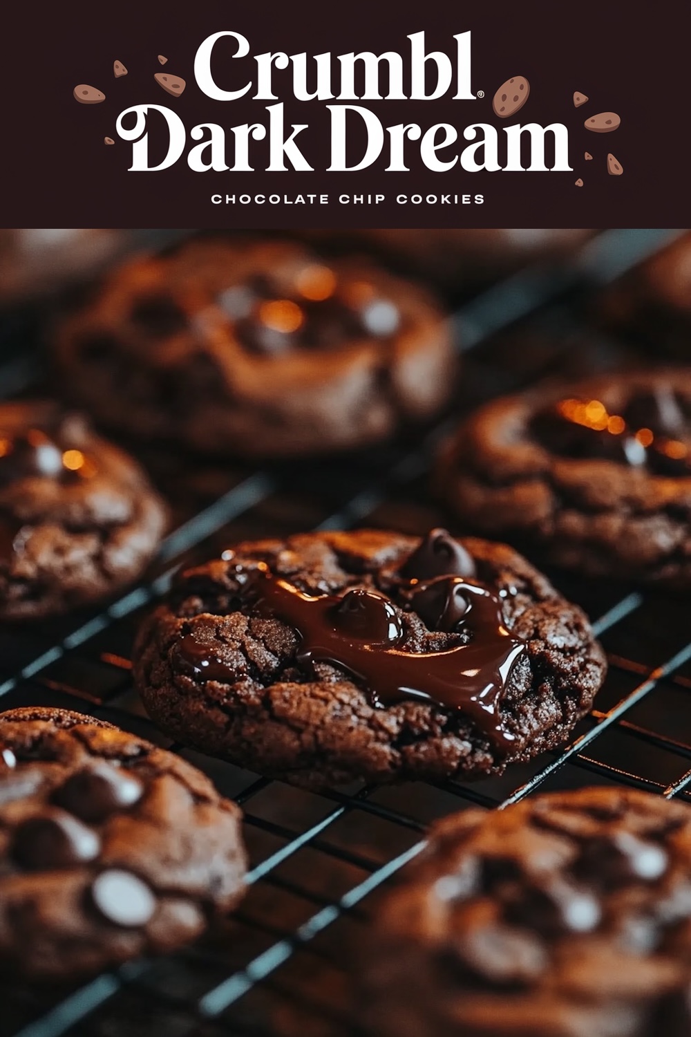 Crumbl Dark Dream Chocolate Chip Cookies cooling on a wire rack. The rich, melted chocolate pools on the surface, oozing out from the dense, fudgy cookie base. Chocolate chips are sprinkled on top, adding an extra layer of richness to these indulgent cookies. The golden highlights from the lighting enhance the warm and comforting atmosphere of freshly baked cookies.