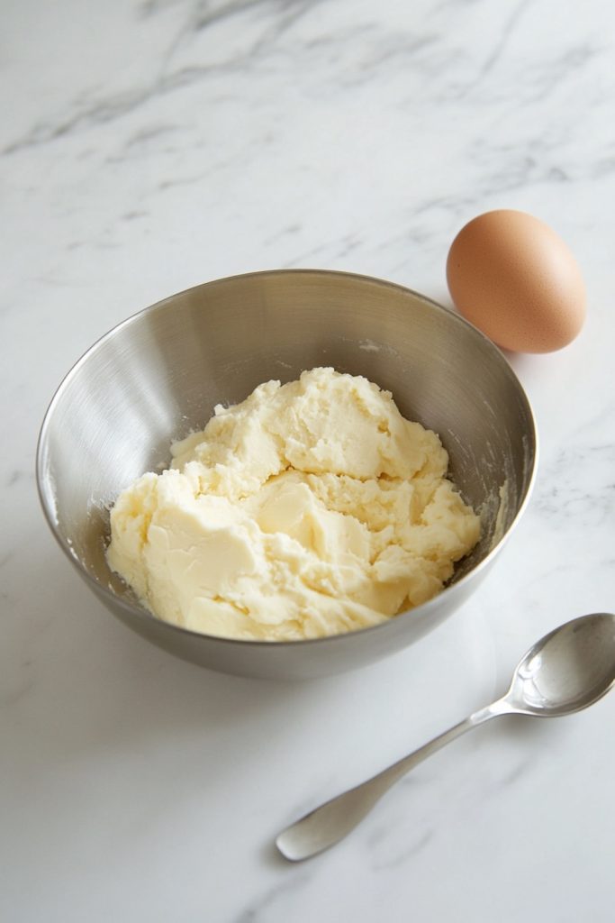 A bowl of softened butter and sugar mixture sits in a metal bowl, ready to be transformed into the dough for Crumbl Dark Dream Cookies. A single egg and spoon rest beside the bowl, signifying the next step in the recipe. The creamy texture of the butter mixture hints at the rich, soft cookies that are to come.