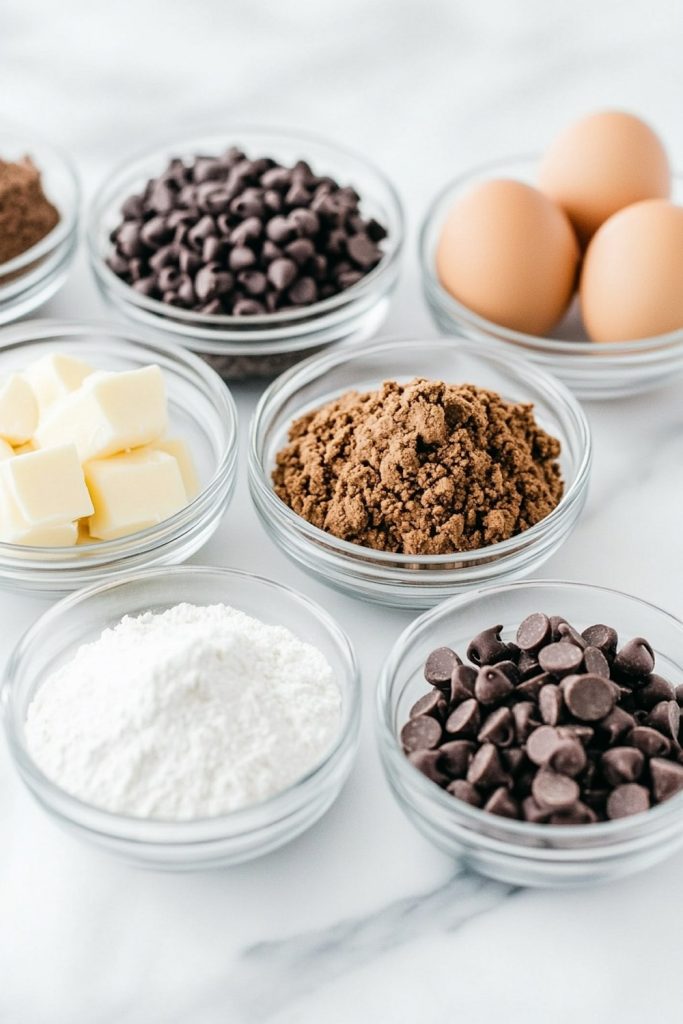Ingredients for Crumbl Dark Dream Chocolate Chip Cookies laid out in glass bowls on a white marble surface. Chocolate chips, cocoa powder, brown sugar, flour, eggs, and butter are neatly arranged, highlighting the rich components needed to create these decadent cookies. The crisp, clean setup sets a perfect backdrop for a baking session.