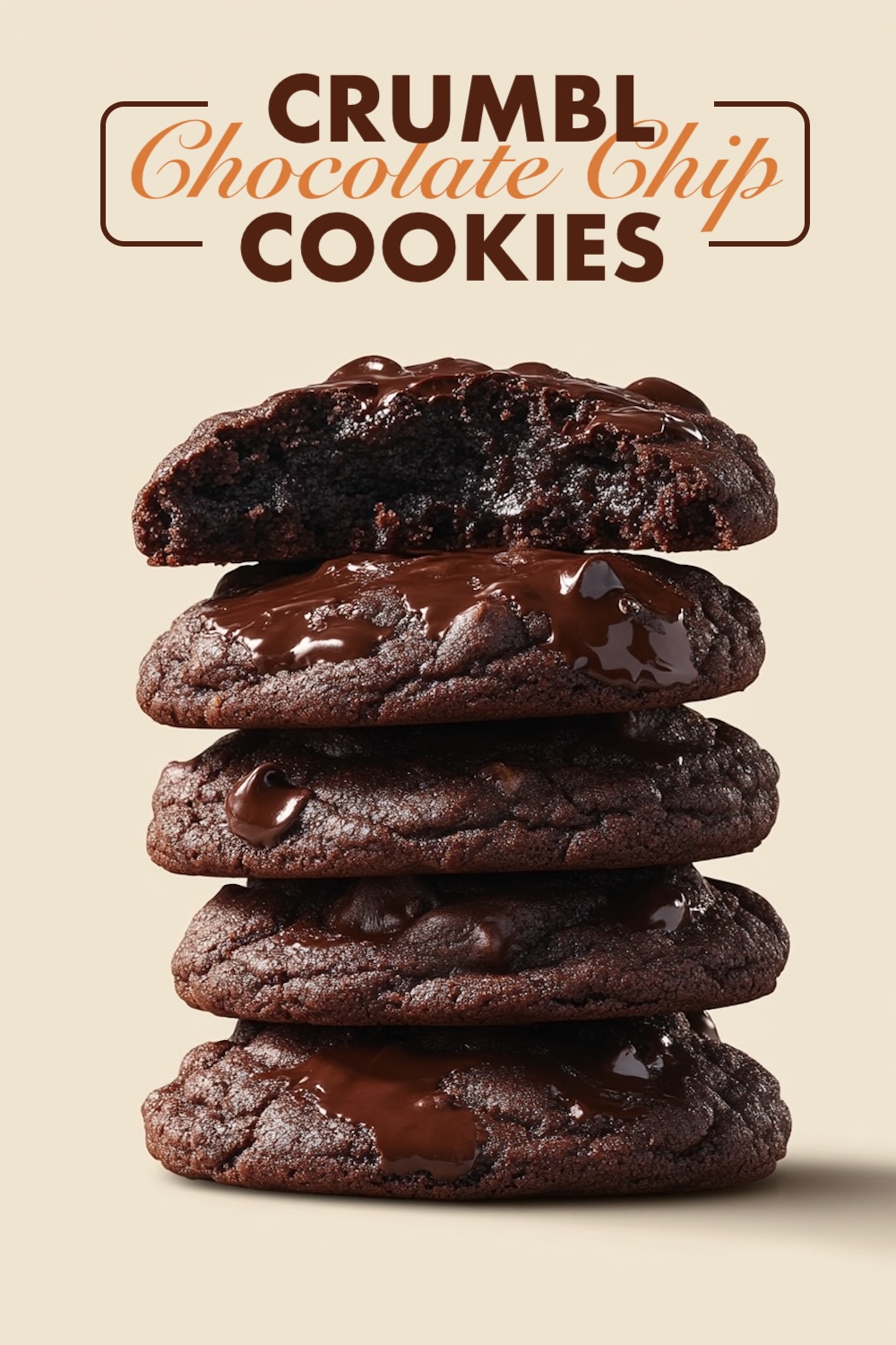 A stack of Crumbl Chocolate Chip Cookies is showcased, with the top cookie split in half to reveal its gooey, rich chocolate interior. The thick, dark chocolate chunks glisten, emphasizing the decadent texture of the cookie. The contrast between the smooth, melted chocolate and the soft cookie adds to the indulgent appeal of this sweet treat.