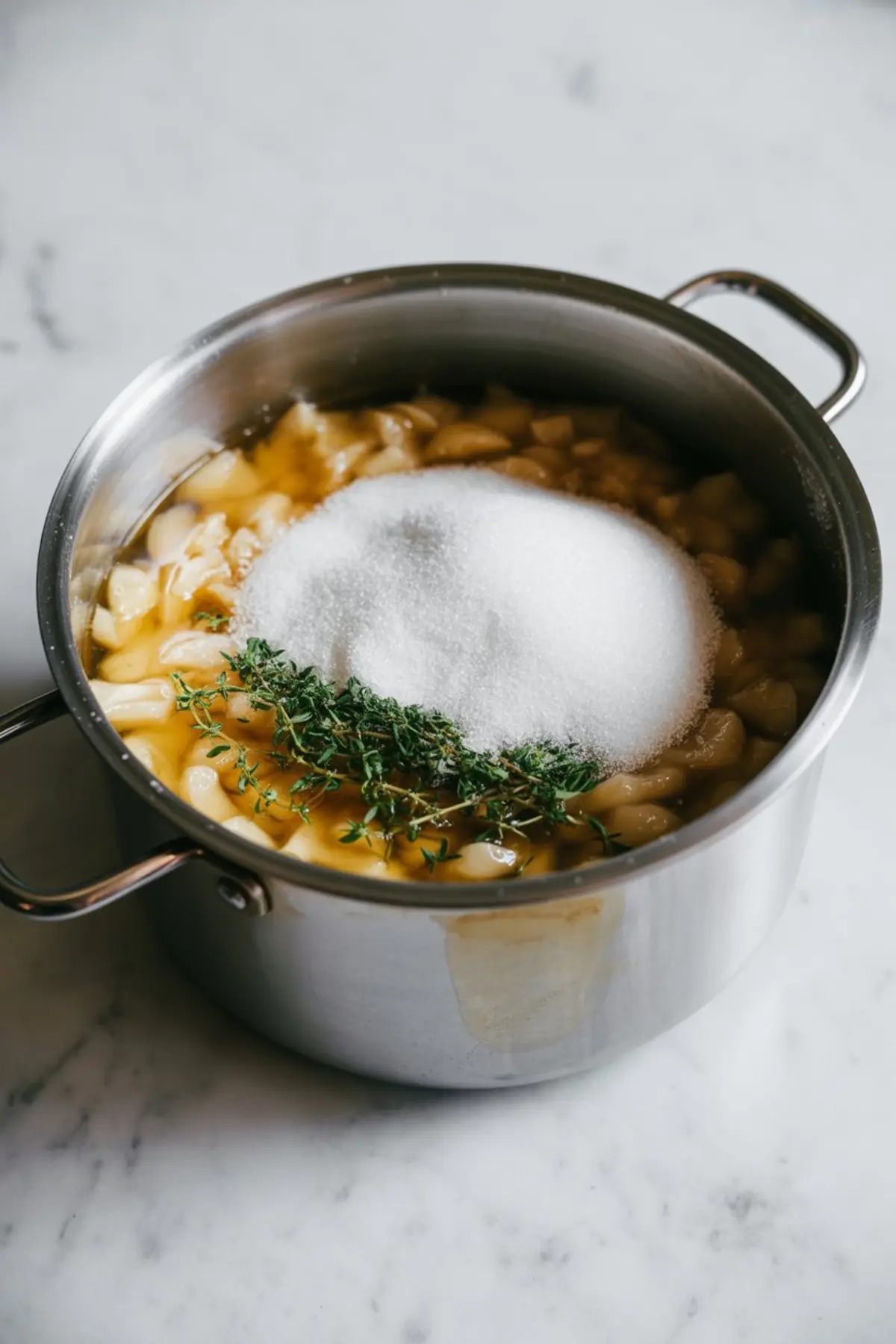 Stainless steel pot with apple mixture, topped with white granulated sugar and fresh thyme sprigs, ready for cooking apple jam.