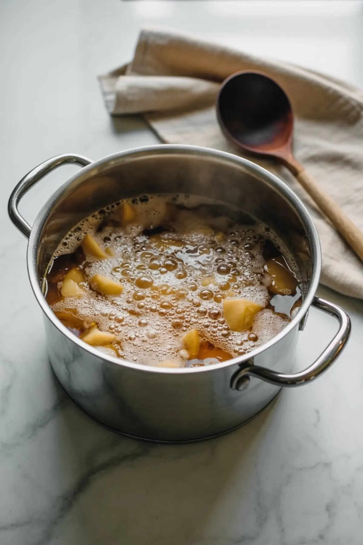 Simmering apple jam in a stainless steel pot with bubbling liquid and softened apple chunks, placed on a light marble counter.