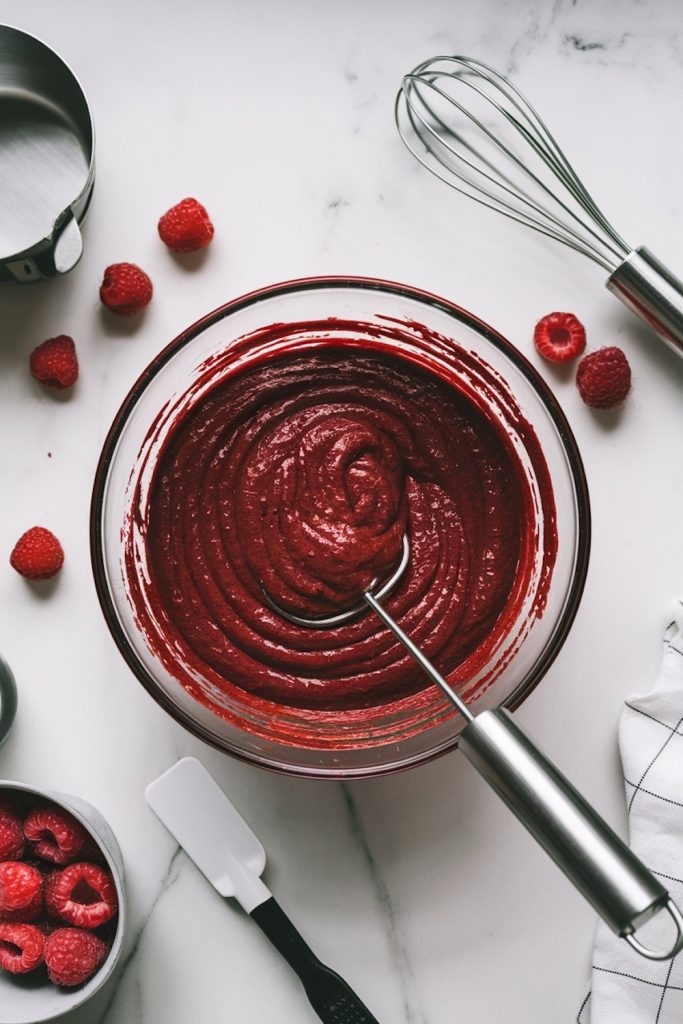 A glass bowl of bright red velvet batter on a marble countertop, with fresh raspberries and a whisk to the side.