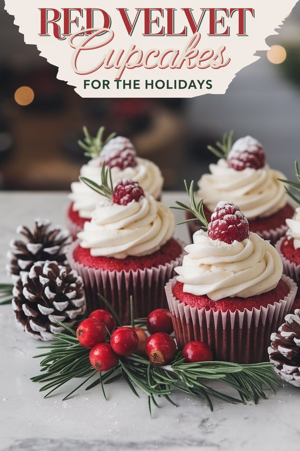 A display of red velvet cupcakes arranged with holiday decorations like pinecones and cranberries, evoking a festive atmosphere.