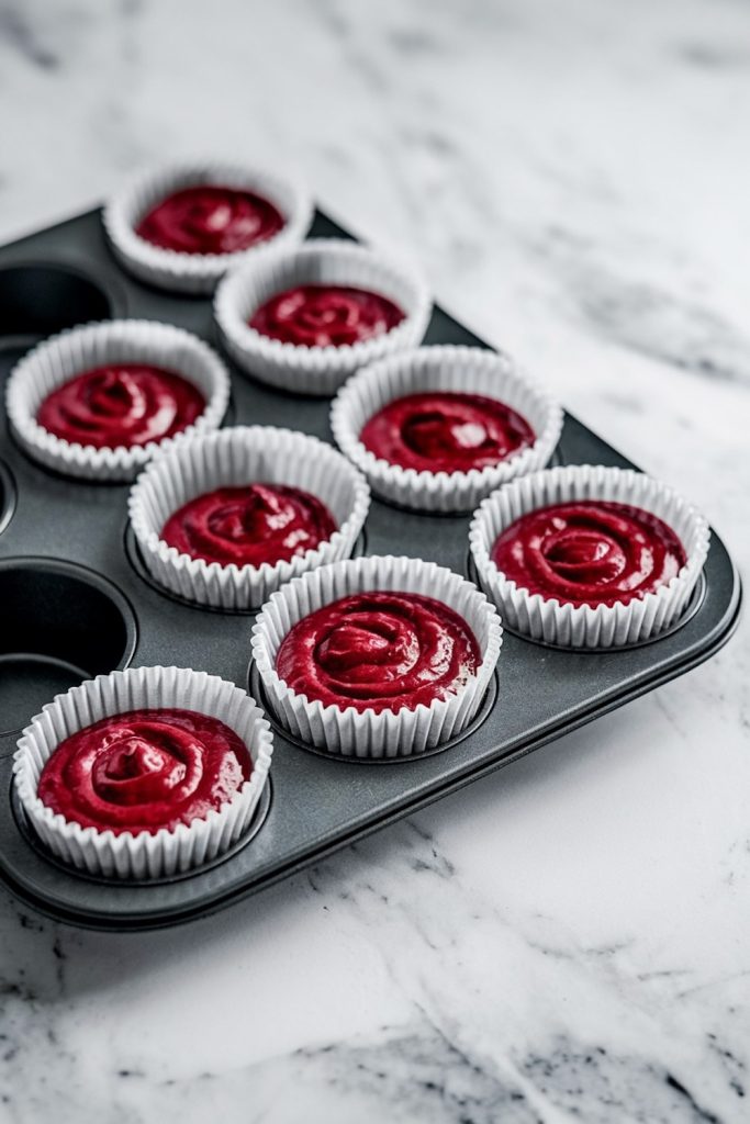 Paper-lined muffin tin filled with red velvet cupcake batter, ready for baking