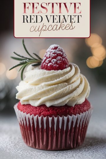 A completed red velvet cupcake topped with creamy white frosting and a fresh raspberry, surrounded by holiday decorations.