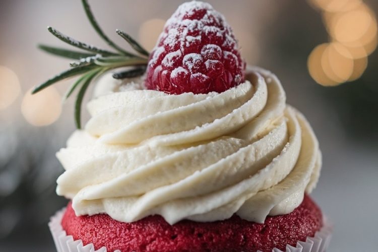 A completed red velvet cupcake topped with creamy white frosting and a fresh raspberry, surrounded by holiday decorations.