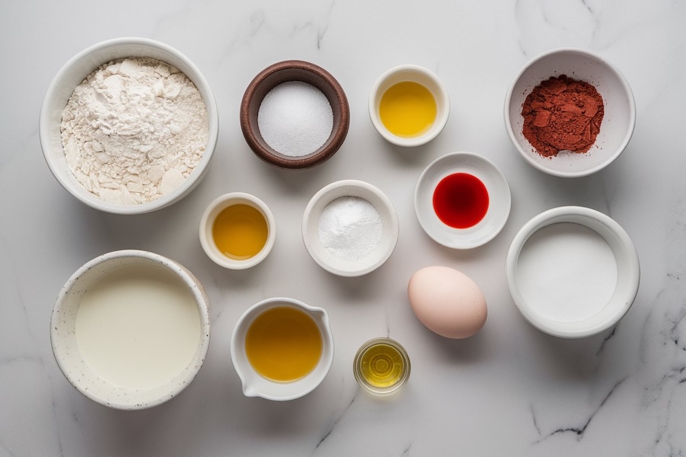 Various ingredients for baking red velvet cupcakes neatly arranged in small bowls on a marble countertop.