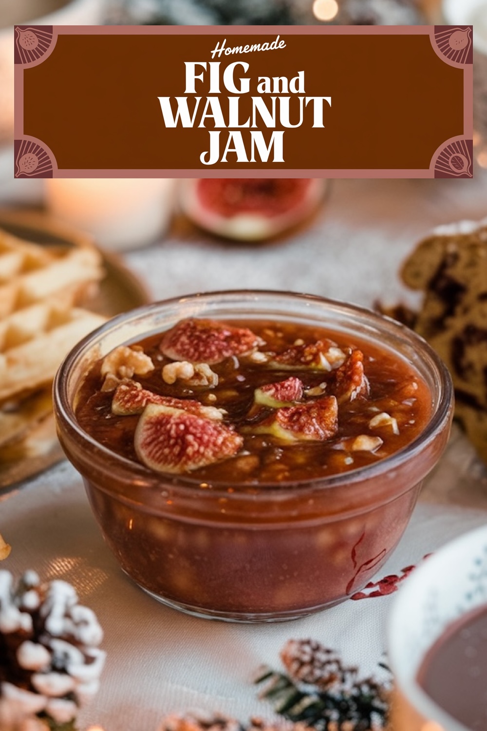 A clear glass bowl filled with homemade fig and walnut jam, topped with sliced figs and chopped walnuts, set against a festive backdrop with pine cones and holiday decorations.