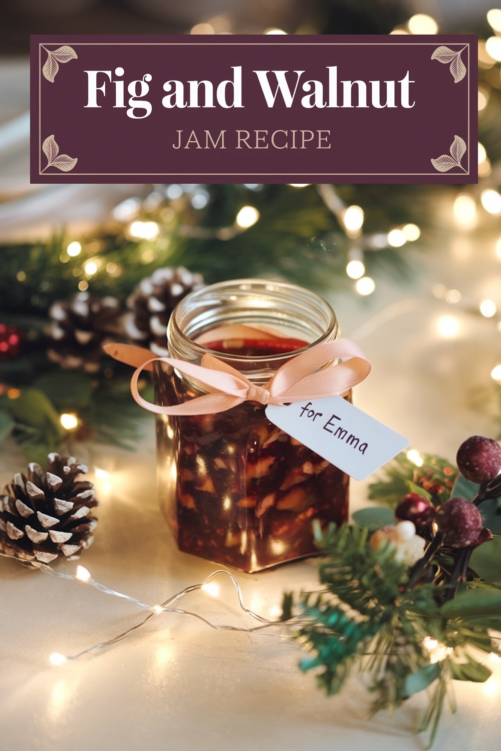 A mason jar filled with fig and walnut jam, tied with a pink ribbon and a tag labeled 'for Emma', placed among Christmas lights and pinecones for a festive presentation.