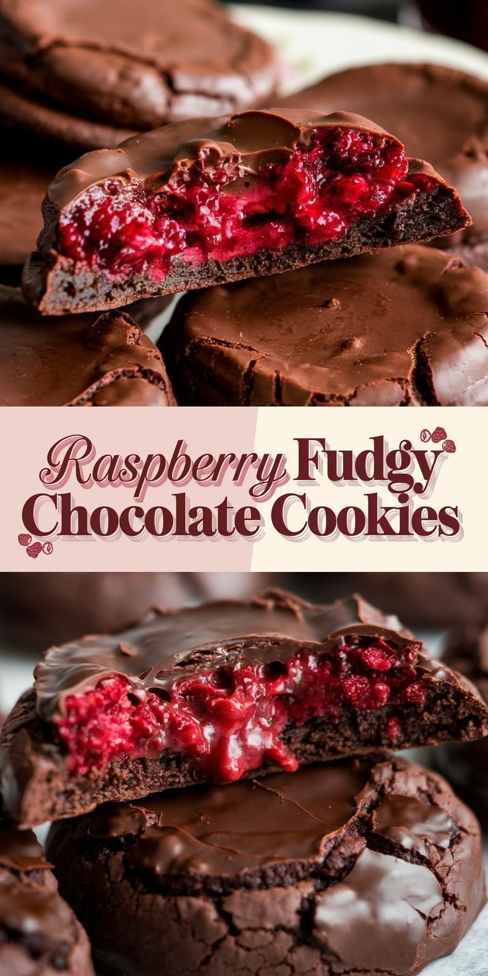 A split-image collage showcasing close-ups of fudgy chocolate cookies with raspberry filling, emphasizing the rich texture and glossy chocolate.
