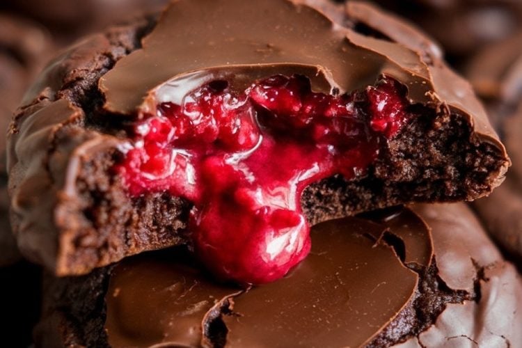 A rich chocolate cookie with a gooey, vibrant red raspberry filling oozing out from the center, covered in glossy chocolate.