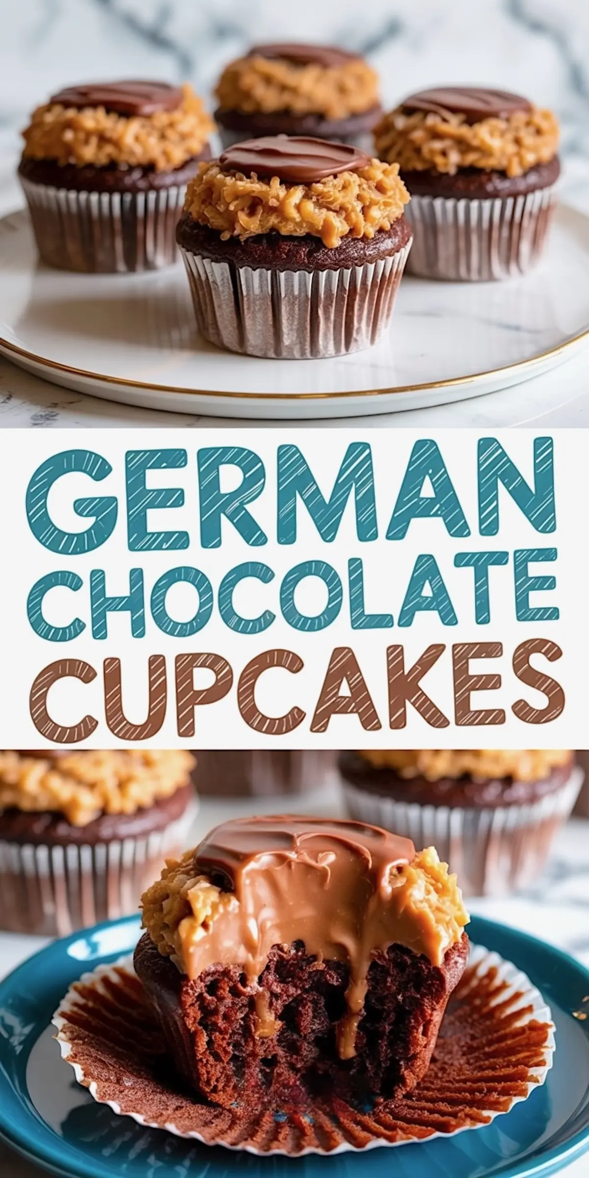 Rich chocolate cupcakes topped with coconut-pecan frosting and a layer of chocolate ganache. One cupcake is cut open to highlight the fudgy texture and gooey topping. Set on a plate for a classic fall cupcake presentation.
