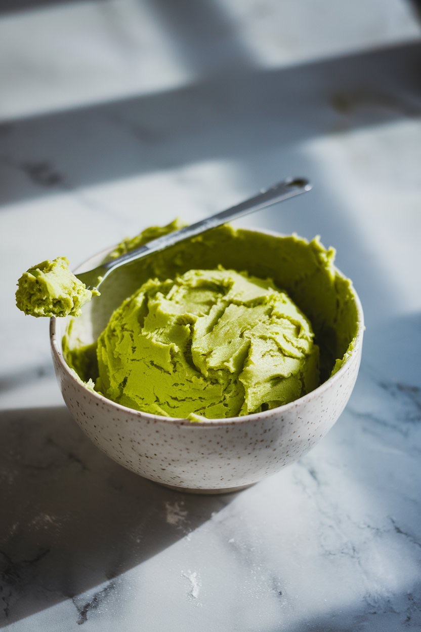  A bowl of vibrant green grinch cookie dough sits on a marble countertop, with a spoon resting inside the bowl holding a small scoop of dough. The rich color and smooth texture of the dough are highlighted by soft natural light, making it perfect for matcha dessert inspiration. Ideal for showcasing creative baking ideas and the use of matcha in cookies.