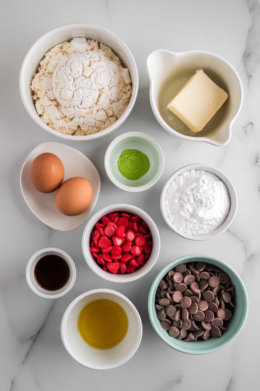 An organized, overhead view of ingredients for making grinch chocolate chip cookies displayed on a white marble countertop. The setup includes flour, eggs, butter, powdered sugar, vanilla extract, vibrant green matcha powder, red heart-shaped sprinkles, chocolate chips, and olive oil, each in its own bowl. This clean, visually appealing arrangement is ideal for illustrating a grinch cookie recipe