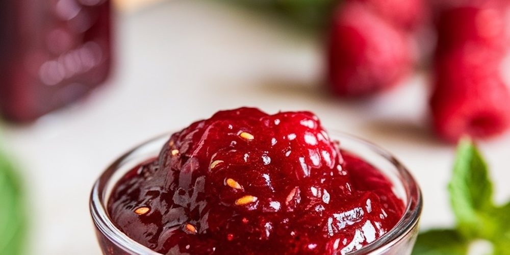 Close-up view of raspberry jam in a clear glass bowl, with fresh raspberries and mint leaves in the background, accompanied by a stylized text overlay 'Homemade Raspberry Jam Recipe.