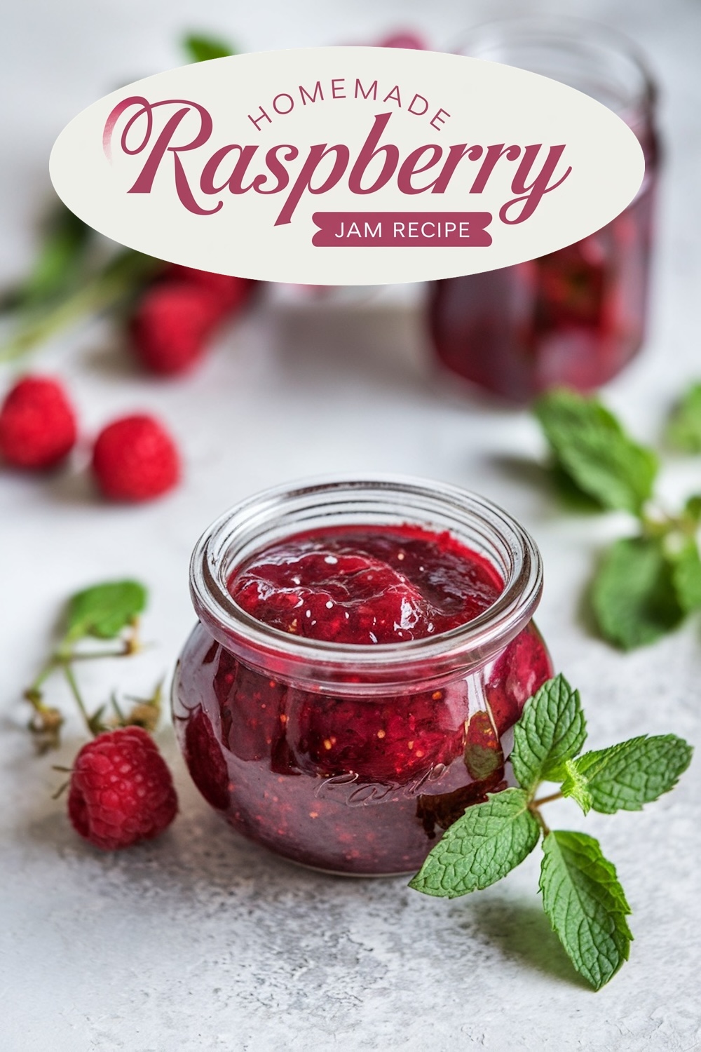 A jar of freshly made raspberry jam on a marble surface, surrounded by raspberries and mint leaves, with an elegant text overlay 'Homemade Raspberry Jam Recipe.'