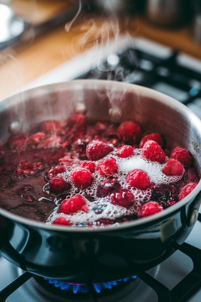 Raspberries boiling in a stainless steel pot on a stove, with steam rising from the simmering berries.