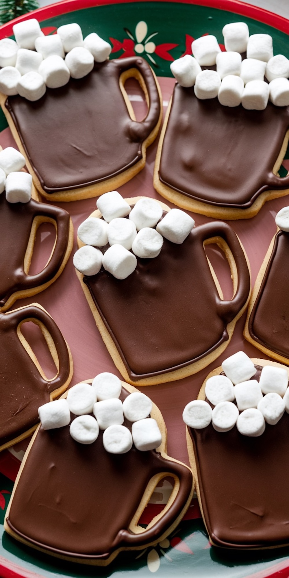 A close-up of hot chocolate mug cookies decorated with chocolate icing and fluffy marshmallow “foam.” Presented on a red and green holiday tray, these cozy cookies are a creative addition to Christmas dessert spreads, capturing the warmth and joy of the season.