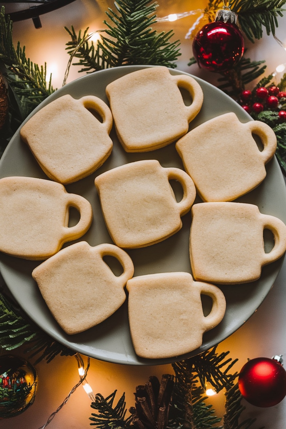 Plain, freshly baked mug-shaped sugar cookies on a plate, waiting to be decorated. Surrounded by festive decor and twinkling lights, these cookies provide a blank canvas ideal for transforming into hot chocolate-themed treats.