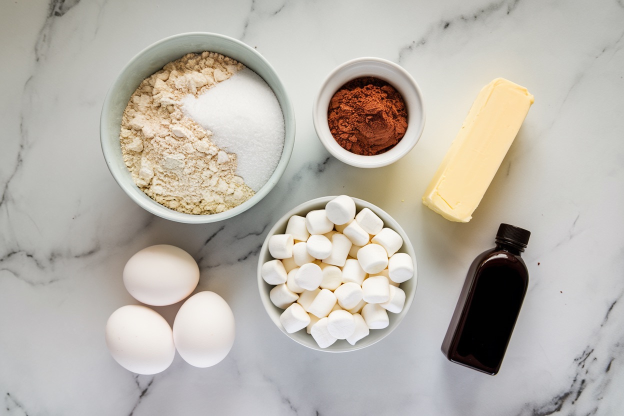 A neatly arranged display of ingredients for making hot chocolate mug cookies, including flour, sugar, cocoa powder, butter, eggs, vanilla extract, and mini marshmallows. This image captures the essential components needed for festive holiday baking, set against a marble countertop.