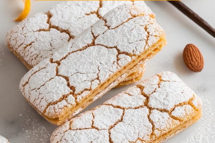 A plate of almond biscuits filled with orange cream, displayed on an ornate porcelain dish, accompanied by a cup of tea and fresh oranges in the background.