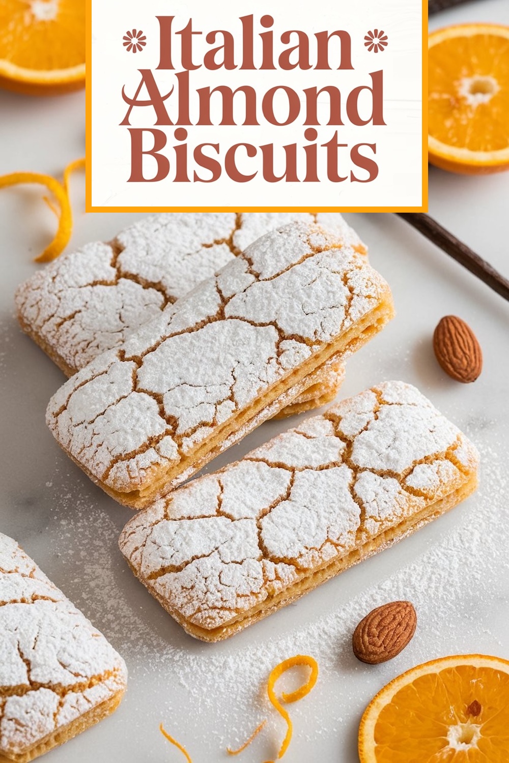 A plate of almond biscuits filled with orange cream, displayed on an ornate porcelain dish, accompanied by a cup of tea and fresh oranges in the background.