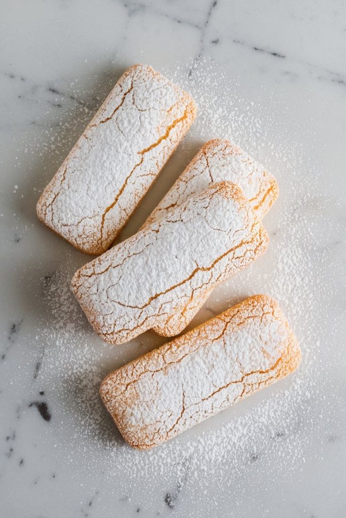 Four Italian almond biscuits dusted with powdered sugar, arranged in a staggered row on a marble countertop. The biscuits show a golden brown crackled surface, highlighted by the bright white sugar.