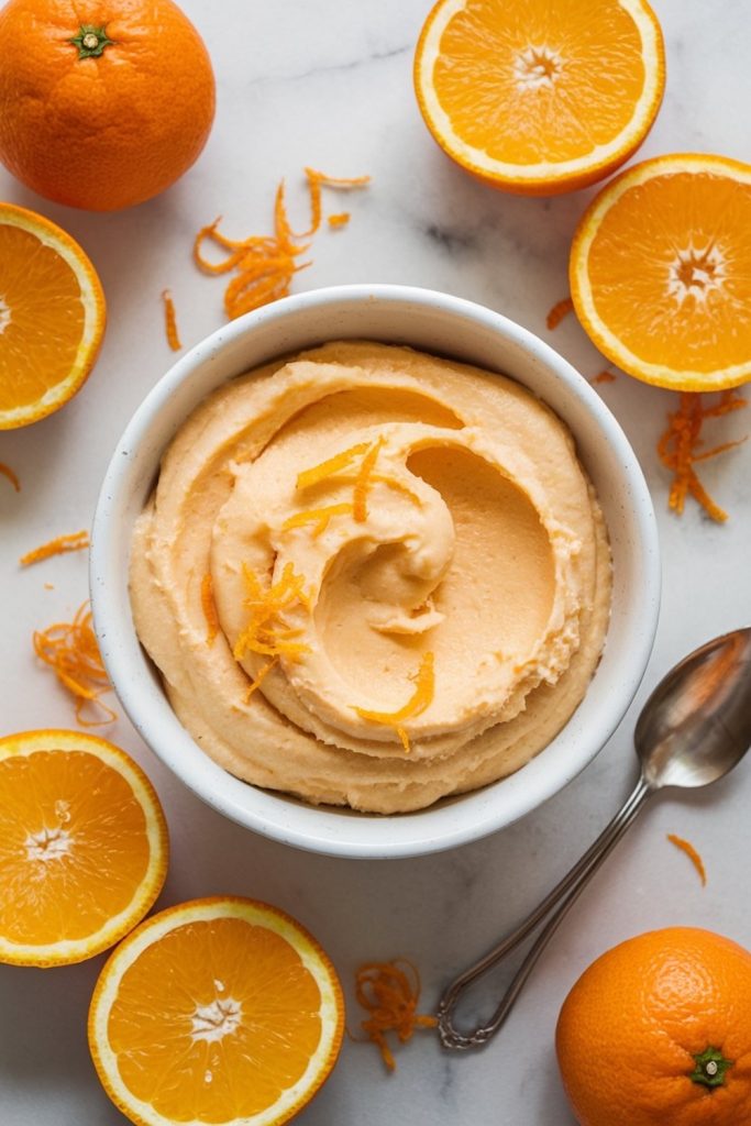 A white ceramic bowl full of smooth, creamy orange filling, surrounded by fresh oranges and zest on a marble countertop. The filling has a bright, inviting color and a rich texture.