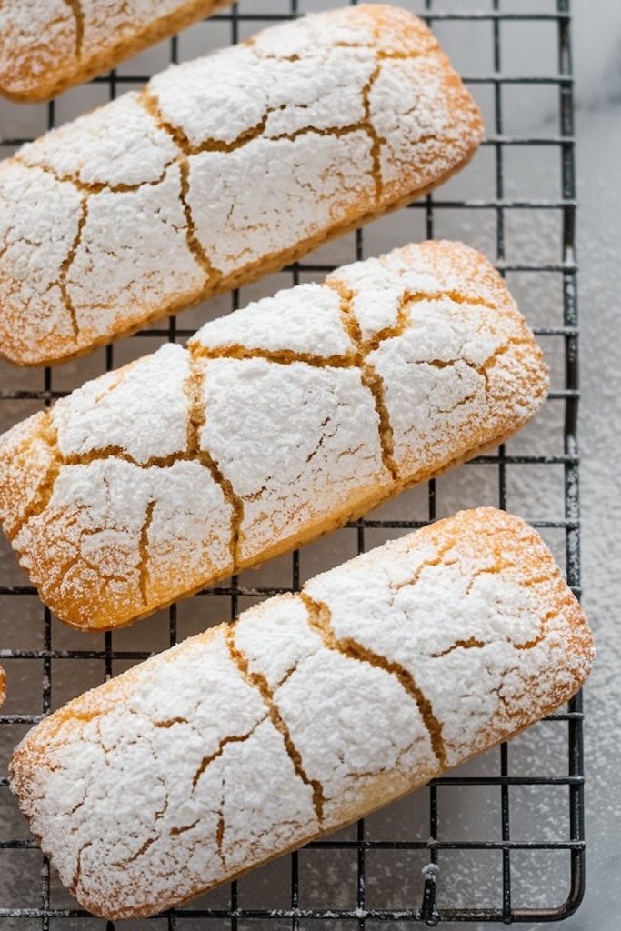 Close-up of three Italian almond biscuits with powdered sugar, on a cooling rack just freshly came out of the oven.