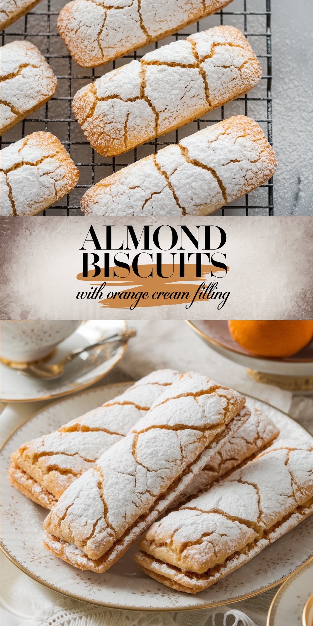 Freshly baked Italian almond biscuits cooling on a wire rack, their cracked surfaces generously dusted with powdered sugar.