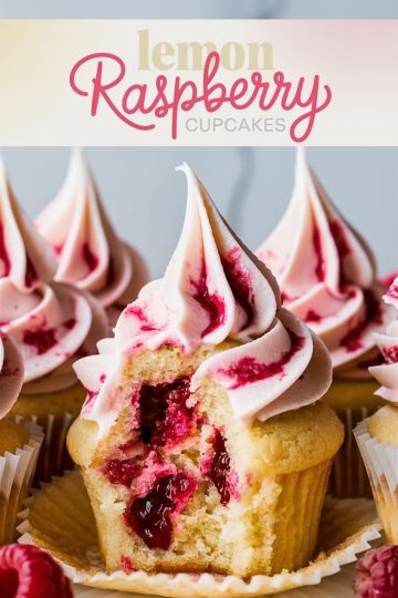 Lemon Raspberry Cupcakes: A delectable lemon cupcake with a vibrant raspberry filling peeking out, topped with swirls of raspberry-tinged frosting.