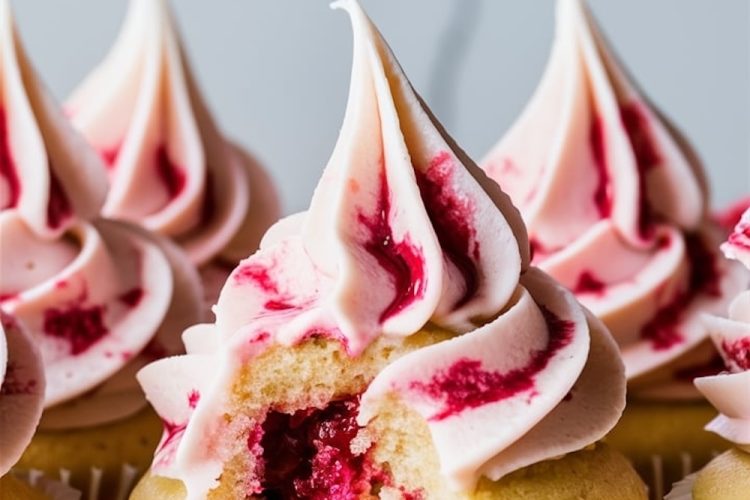 Lemon Raspberry Cupcakes: A delectable lemon cupcake with a vibrant raspberry filling peeking out, topped with swirls of raspberry-tinged frosting.
