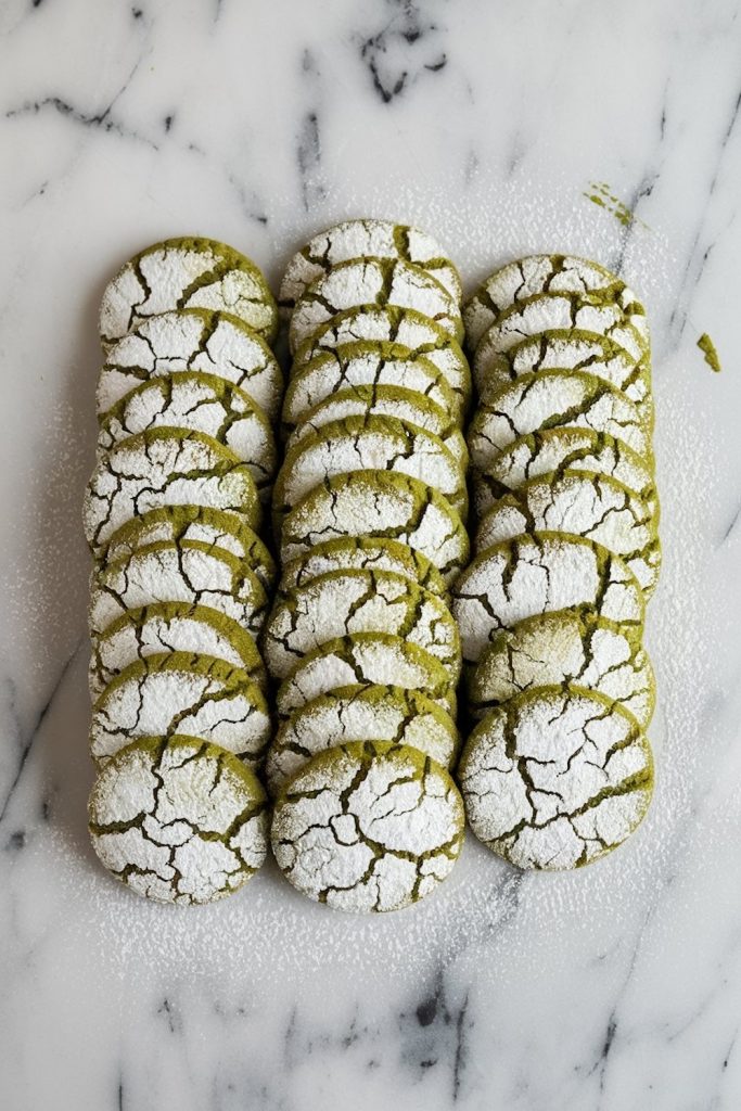 Freshly baked matcha crinkle cookies dusted with powdered sugar on a baking sheet, showcasing their characteristic cracked surfaces and bright green color.