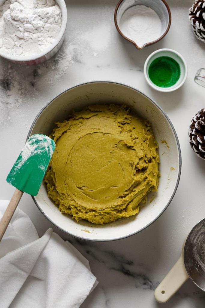 A bowl containing matcha cookie dough on a messy marble countertop scattered with flour, a sifter, green food coloring, and a pine cone decoration.