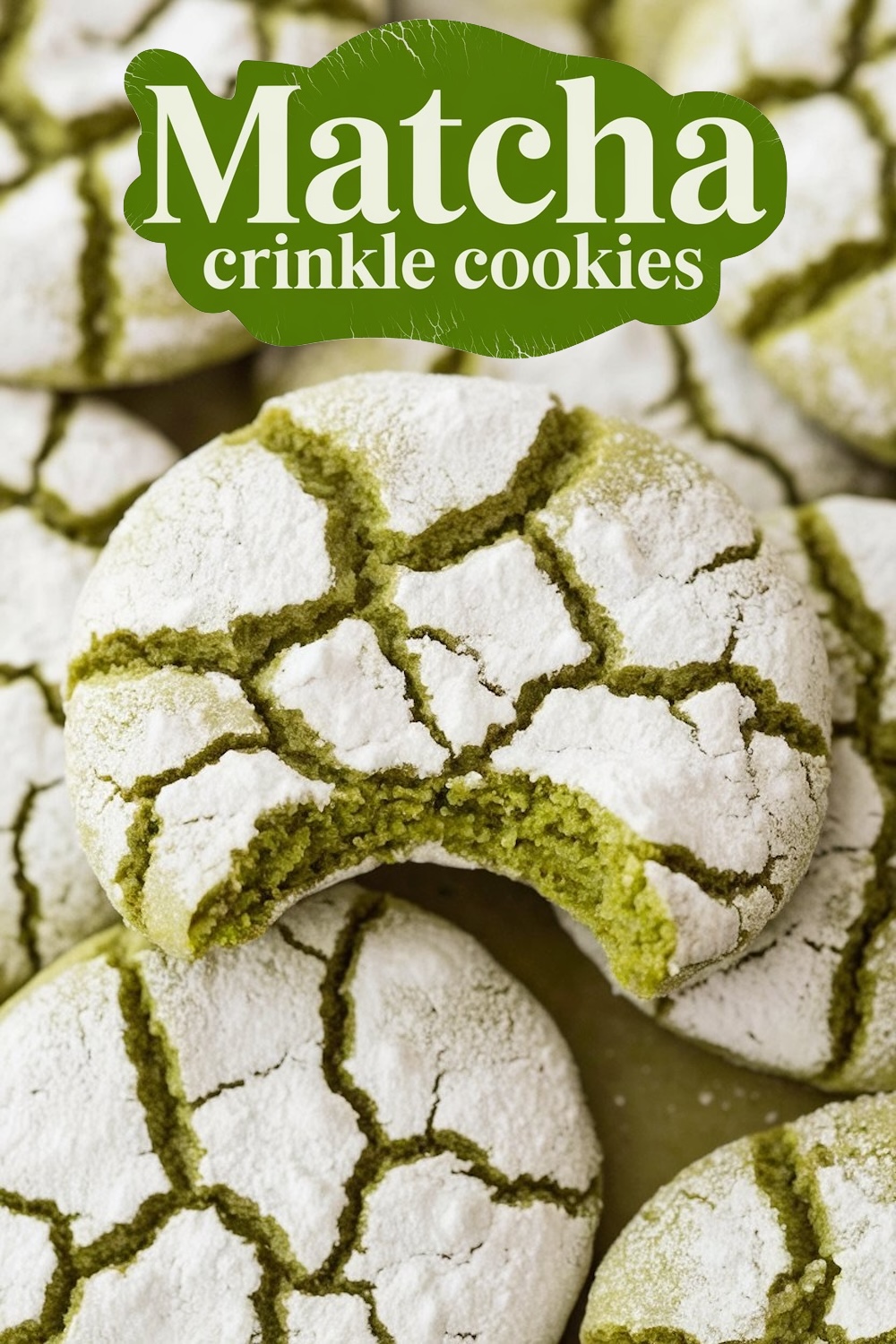 Close-up of a matcha crinkle cookie with a bite taken out, showcasing the vivid green interior and white powdered sugar crust, with a decorative green label 'Matcha crinkle cookies'.