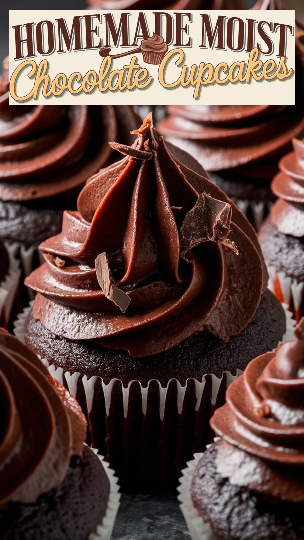 Rich, fudgy chocolate cupcakes with smooth chocolate ganache or chocolate buttercream frosting, topped with chocolate shavings.