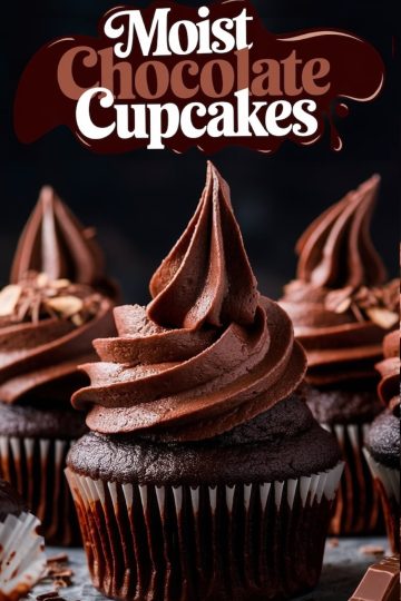 A selection of moist chocolate cupcakes, all frosted with tall, elegant swirls of chocolate buttercream, standing on a dark, rustic surface. The frosting has a smooth and luscious texture, while the cupcakes themselves are dark and rich. A sprinkle of chocolate shavings can be seen on a few of the cupcakes, adding extra detail and decadence.