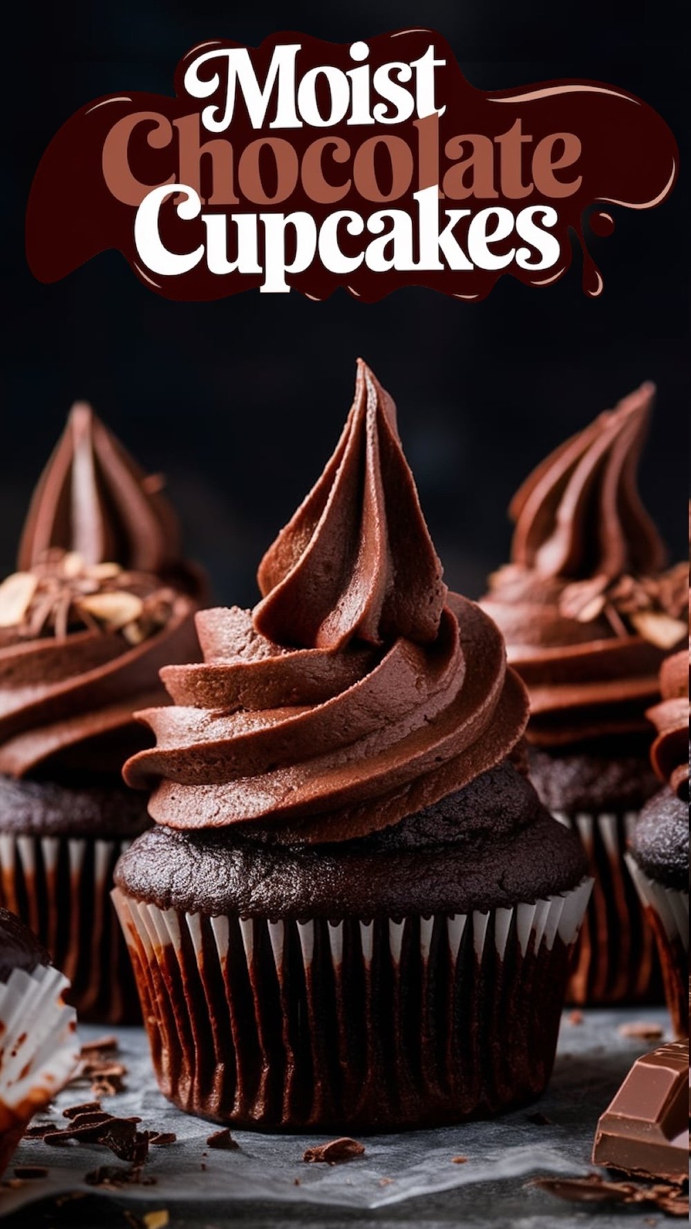 A selection of moist chocolate cupcakes, all frosted with tall, elegant swirls of chocolate buttercream, standing on a dark, rustic surface. The frosting has a smooth and luscious texture, while the cupcakes themselves are dark and rich. A sprinkle of chocolate shavings can be seen on a few of the cupcakes, adding extra detail and decadence.