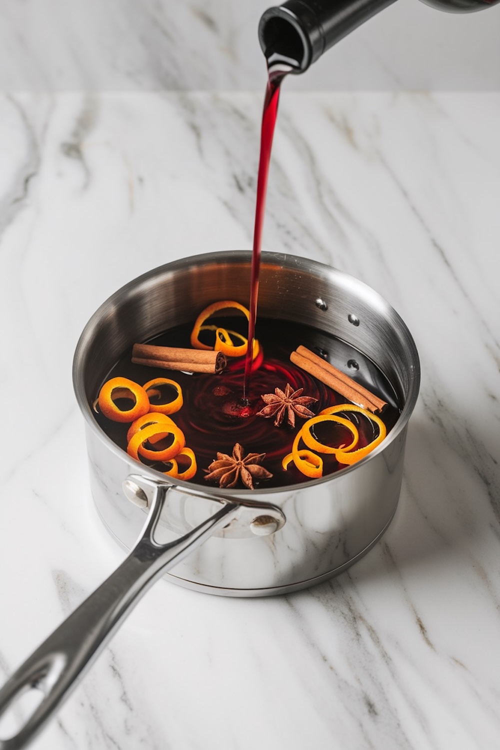 Pouring red wine into a stainless steel pot filled with orange peels, cinnamon sticks, and star anise, ingredients for making mulled wine on a white marble surface.