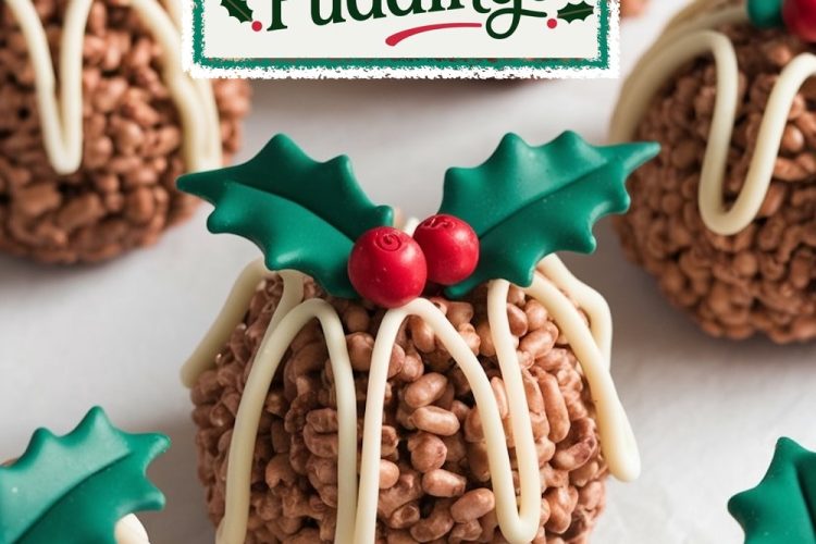 Rice Krispie Christmas Puddings topped with white chocolate drizzle and fondant holly decorations, ready to serve on a holiday table.