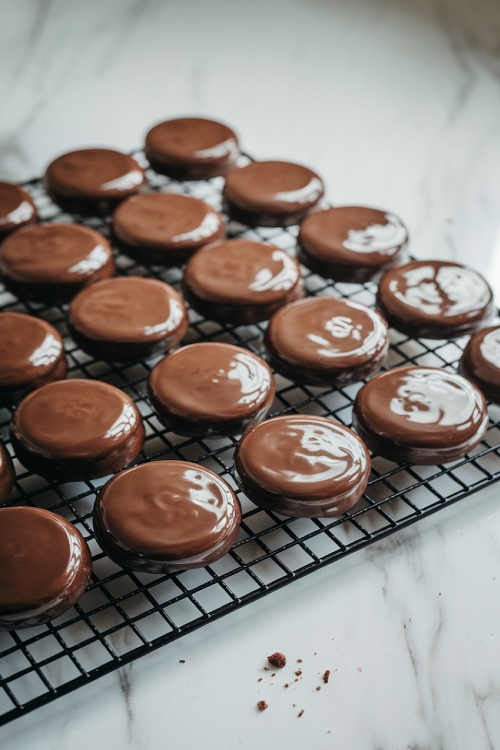 Chocolate-dipped cookies glistening with a fresh coating of dark chocolate, set neatly on a cooling rack. These cookies are a step closer to becoming festive peppermint bark treats, with their sleek, glossy chocolate layer.