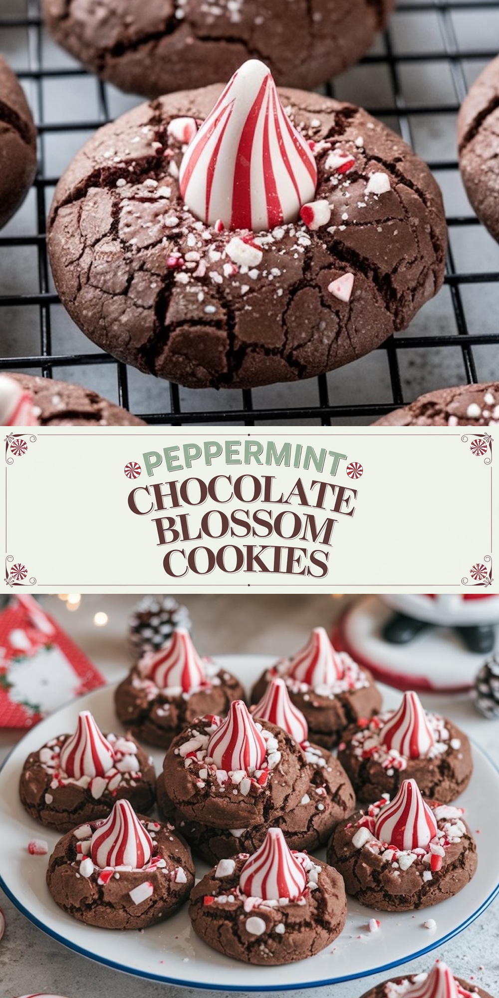 Top-down view of peppermint chocolate blossom cookies on a baking sheet, each topped with a red and white striped candy, showcasing the festive decoration and cracked cookie surface. On the bottom - Wide shot of peppermint chocolate blossom cookies on a baking sheet, each cookie topped with a striped peppermint candy and surrounded by red and white candy sprinkles, with a holiday-themed background.