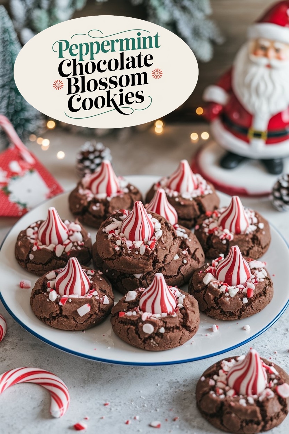 Chocolate cookies with peppermint candy toppings, displayed on a festive plate surrounded by candy canes, set against a backdrop with a Santa figurine and holiday lights.